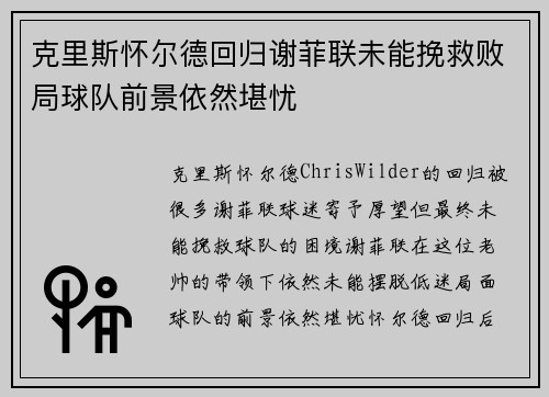 克里斯怀尔德回归谢菲联未能挽救败局球队前景依然堪忧